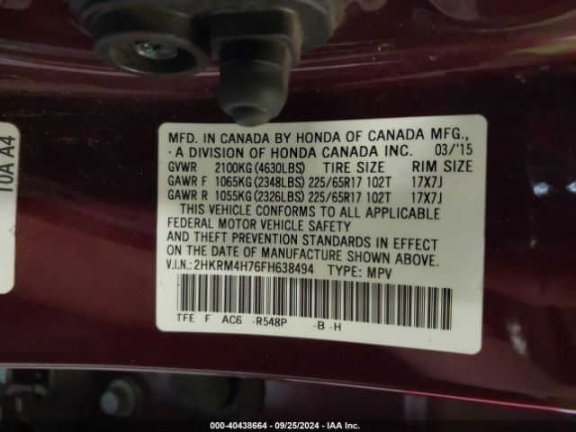 2HKRM4H76FH638494 Honda Cr-v Ex-l