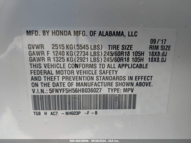 Honda Pilot Ex-l 2017 5FNYF5H56HB036027 Image 9