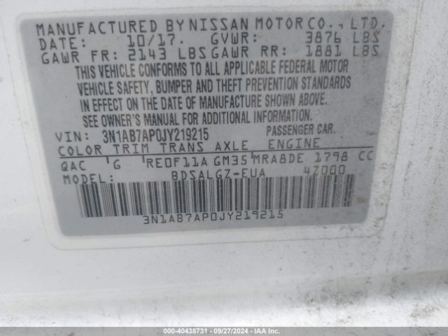 3N1AB7AP0JY219215 Nissan SENTRA SL