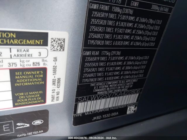 SALWV2SV7KA422806 Land Rover Range Rover Sport Hse Dynamic