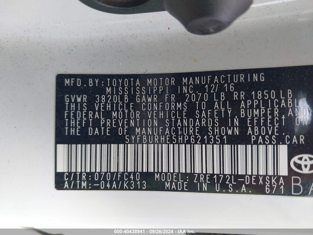 Toyota COROLLA SE 2017 5YFBURHE5HP621351 Image 9