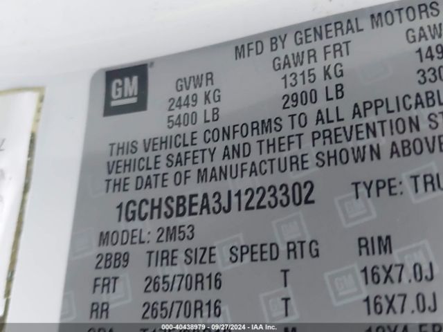 1GCHSBEA3J1223302 Chevrolet Colorado Wt