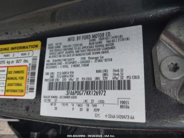 3FA6P0G77KR126972 Ford FUSION S