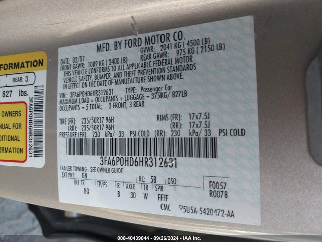 Ford FUSION SE 2017 3FA6P0HD6HR312631 Image 9