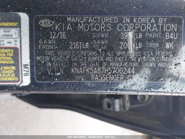KNAFK5A87H5700244 KIA FORTE LX