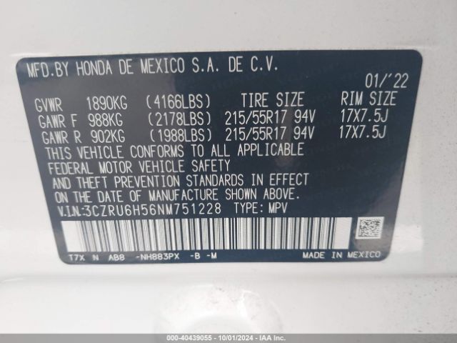 3CZRU6H56NM751228 Honda Hr-v Awd Ex