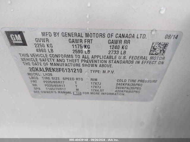 GMC Terrain Sle-2 2015 2GKALREK8F6131210 Image 9
