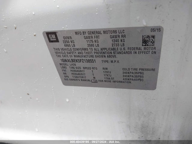 Chevrolet EQUINOX 1LT 2015 1GNALBEK5FZ138551 Image 9