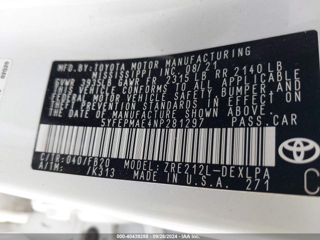 Toyota COROLLA LE 2022 5YFEPMAE4NP281297 Image 9
