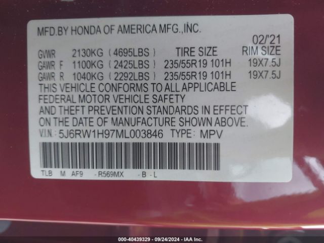 5J6RW1H97ML003846 Honda Cr-v 2wd Touring