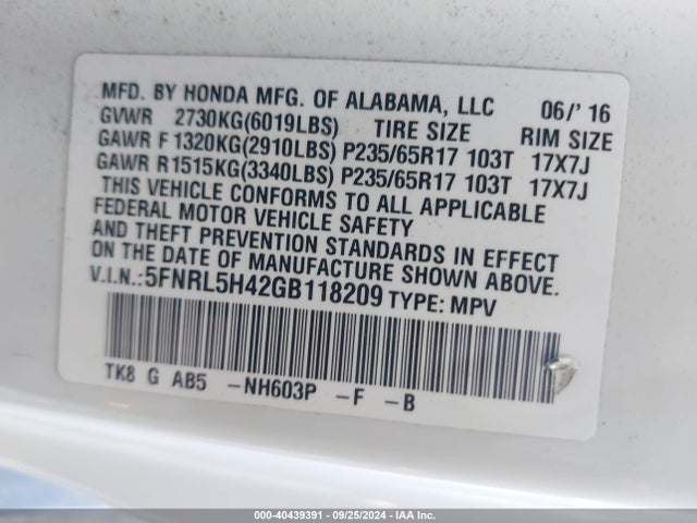 Honda ODYSSEY EX 2016 5FNRL5H42GB118209 Image 9