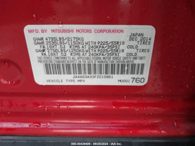 JA4AD3A33FZ010801 Mitsubishi Outlander Se