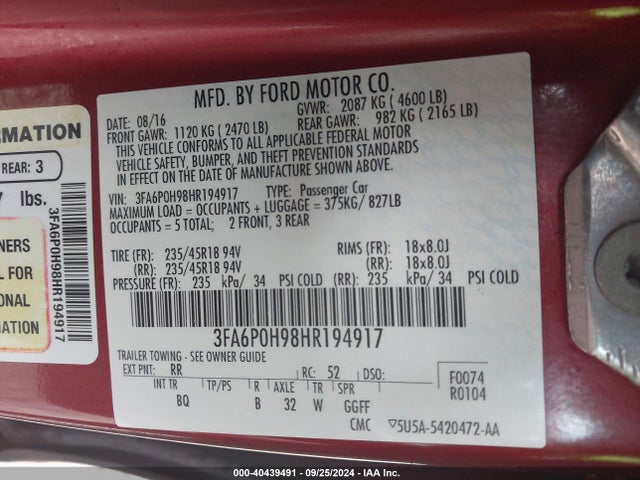 Ford FUSION SE 2017 3FA6P0H98HR194917 Image 9