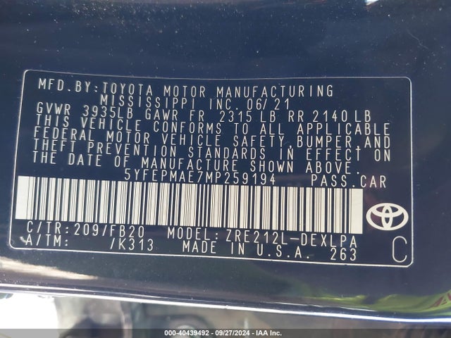 Toyota COROLLA LE 2021 5YFEPMAE7MP259194 Image 9