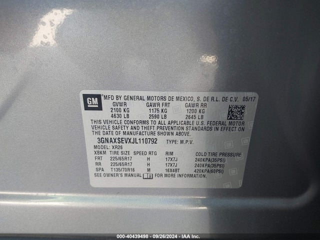 Chevrolet EQUINOX LT 2018 3GNAXSEVXJL110792 Image 9