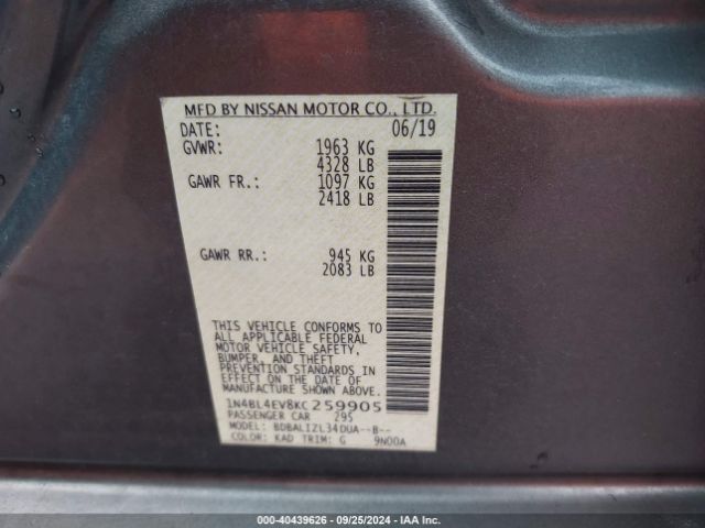 1N4BL4EV8KC259905 Nissan Altima 2.5 Sl