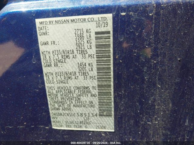 5N1DR2CN5LC585134 Nissan Pathfinder Sl 2wd