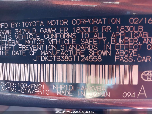 JTDKDTB38G1124558 Toyota Prius C Two
