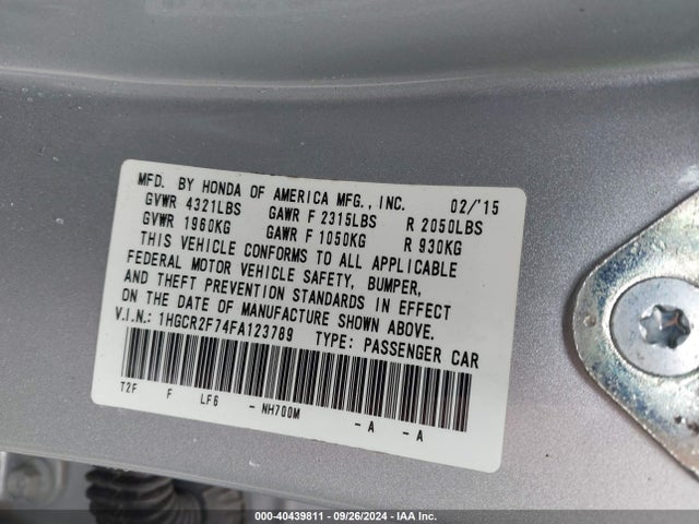 Honda ACCORD EX 2015 1HGCR2F74FA123789 Image 9