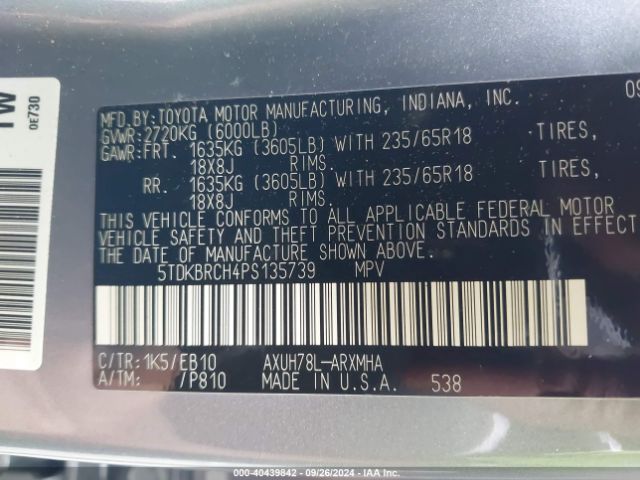 5TDKBRCH4PS135739 Toyota Highlander Hybrid Xle