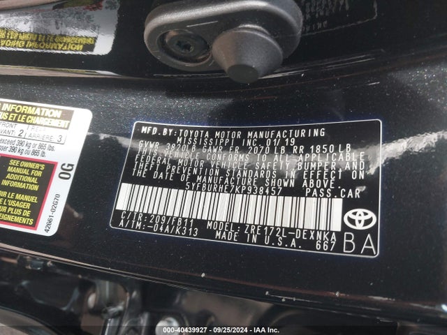 Toyota COROLLA LE 2019 5YFBURHE7KP938457 Image 9