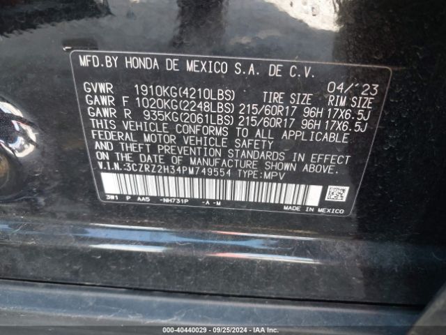 3CZRZ2H34PM749554 Honda Hr-v Awd Lx