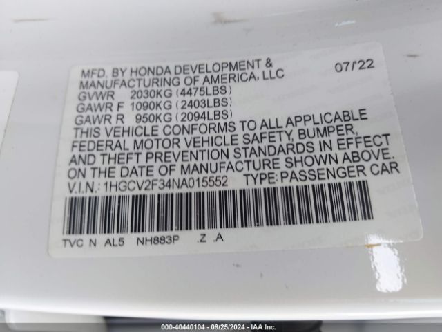 1HGCV2F34NA015552 Honda Accord Sport 2.0t
