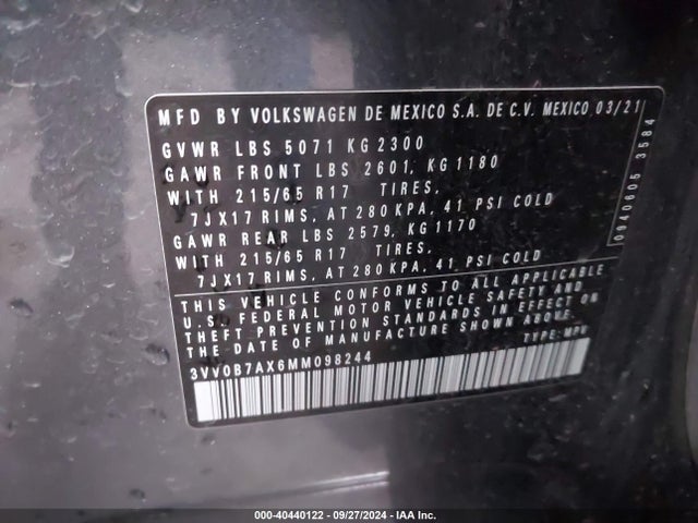 3VV0B7AX6MM098244 Volkswagen Tiguan 2.0t S