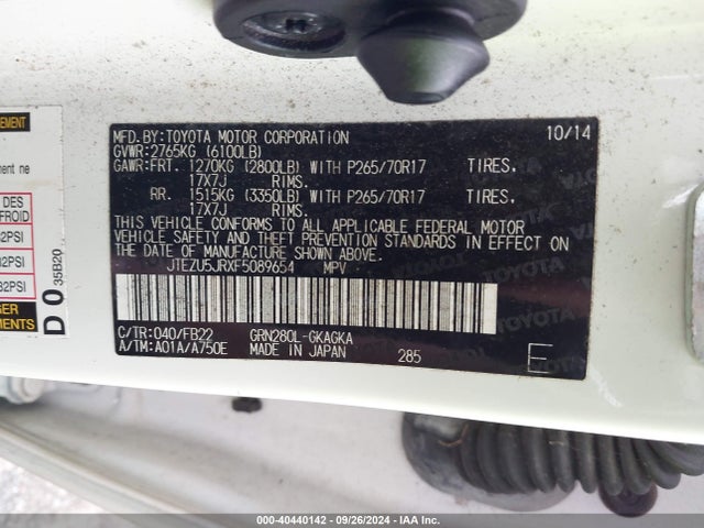Toyota 4RUNNER SR5 2015 JTEZU5JRXF5089654 Image 9