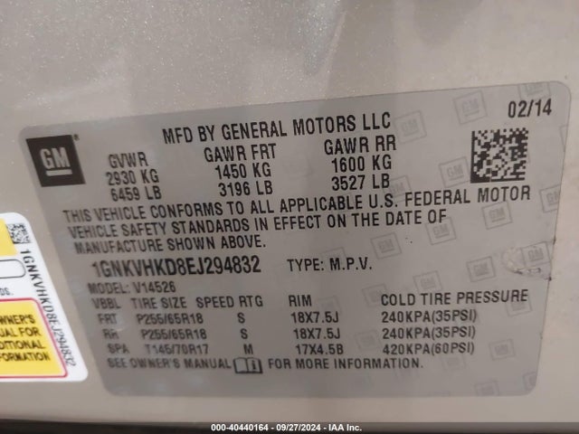 Chevrolet Traverse 2lt 2014 1GNKVHKD8EJ294832 Image 9