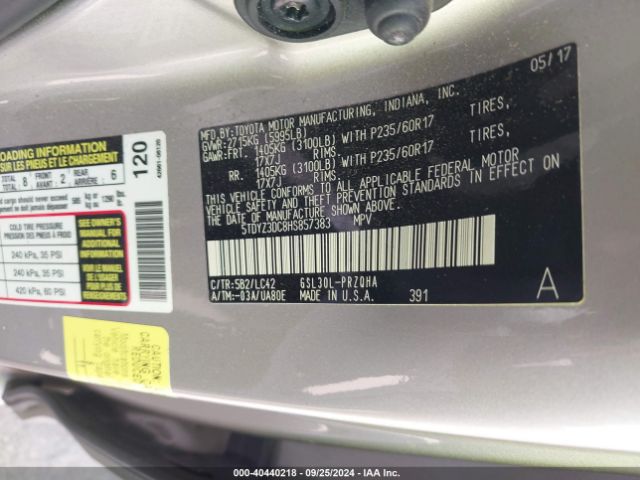 5TDYZ3DC8HS857383 Toyota Sienna Xle Premium 8 Passenger