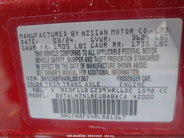 Nissan Versa 1.6 Sr 2024 3N1CN8FV4RL881367 Image 9