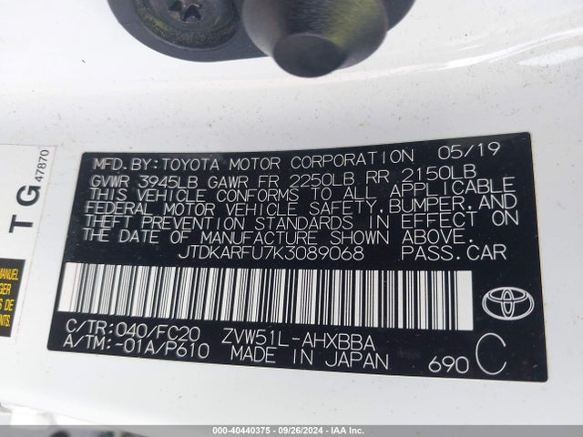 Toyota Prius L Eco 2019 JTDKARFU7K3089068 Image 9