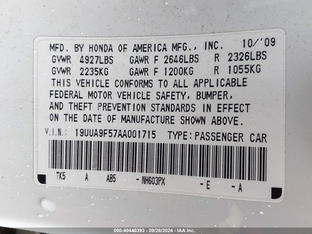 Aukcja sprzedaży 2010 Acura Tl 3.7, vin: 19UUA9F57AA001715, numer aukcji: 40440393