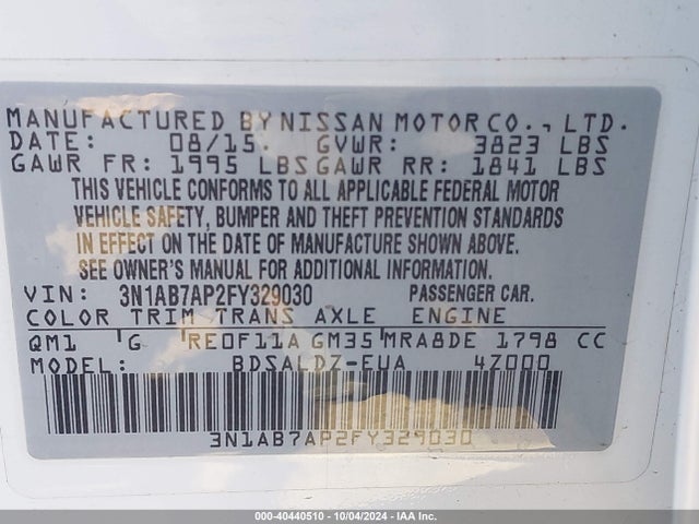 Nissan SENTRA SV 2015 3N1AB7AP2FY329030 Image 9