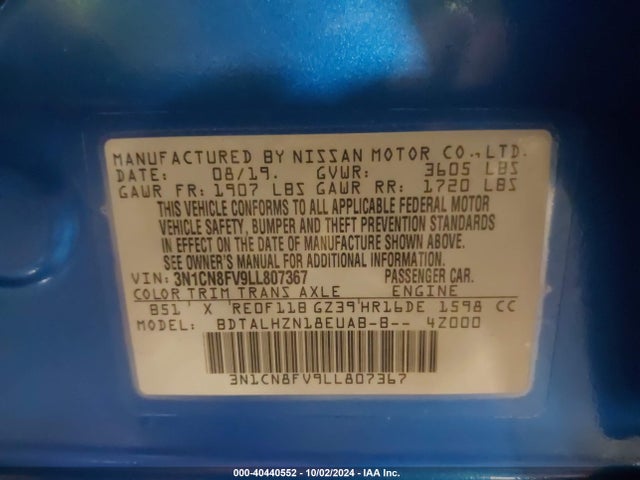 Nissan Versa Sr Xtronic Cvt 2020 3N1CN8FV9LL807367 Image 9