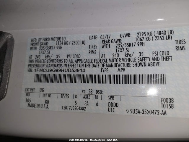 Ford ESCAPE SE 2017 1FMCU9G99HUD53914 Image 9