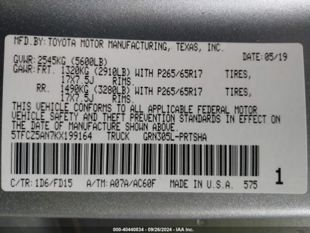 5TFCZ5AN7KX199164 Toyota Tacoma Trd Sport