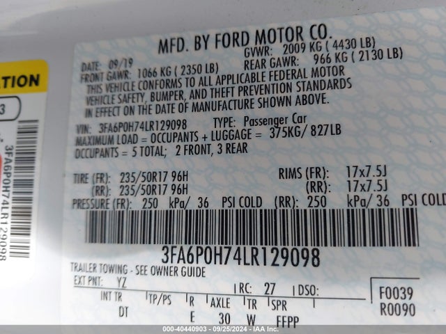 Ford FUSION SE 2020 3FA6P0H74LR129098 Image 9