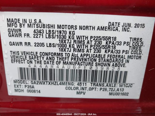 4A4AR4AU6FE039828 Mitsubishi Outlander Sport Se