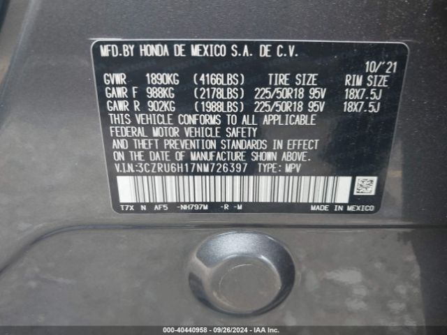 3CZRU6H17NM726397 Honda Hr-v Awd Sport