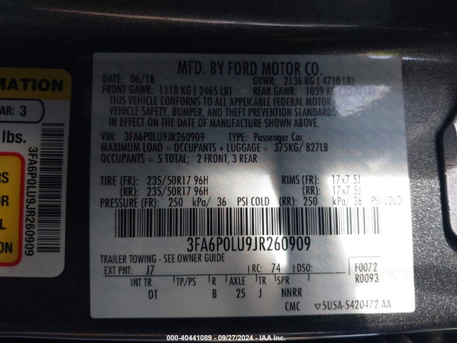 Ford Fusion Hybrid Se 2018 3FA6P0LU9JR260909 Image 9