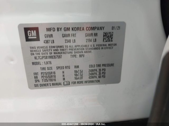 KL7CJPSB1MB357597 Chevrolet Trax Awd Lt
