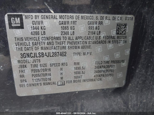 Chevrolet Trax Lt 2018 3GNCJLSB4JL287462 Image 9