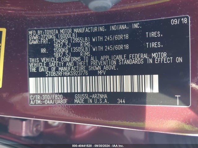 5TDBZRFH6KS923776 Toyota Highlander Le