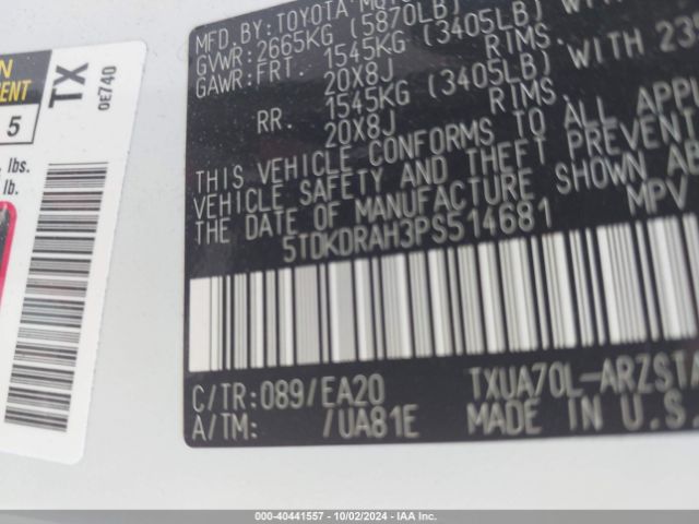 5TDKDRAH3PS514681 Toyota Highlander Xse