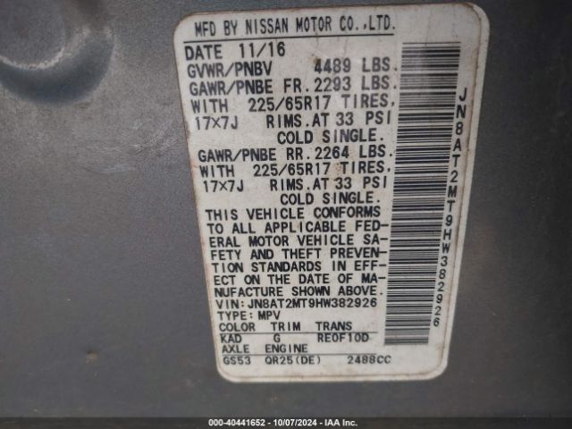 JN8AT2MT9HW382926 Nissan ROGUE SV