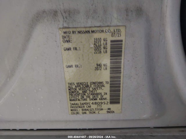 Nissan Altima 2.5 S 2015 1N4AL3AP0FC480952 Image 9