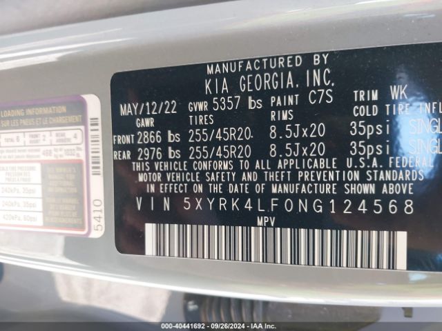 5XYRK4LF0NG124568 KIA Sorento Sx Prestige