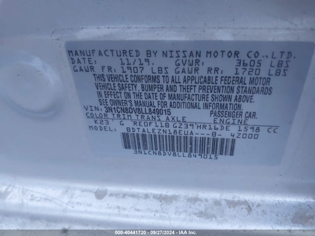 Nissan Versa S Xtronic Cvt 2020 3N1CN8DV8LL849015 Image 9